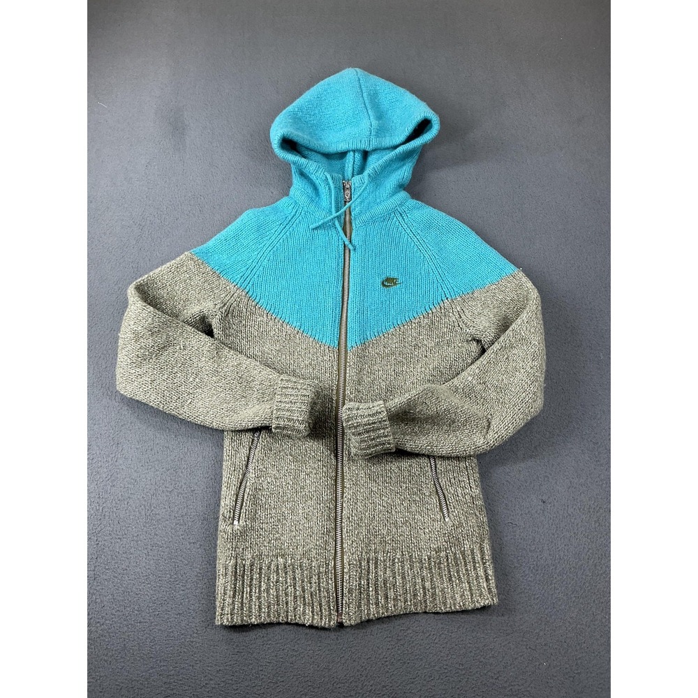 Vintage Nike Hoodie Sweater Womens XS Green Blue Wool Blend Full Zip Chunky-Knit